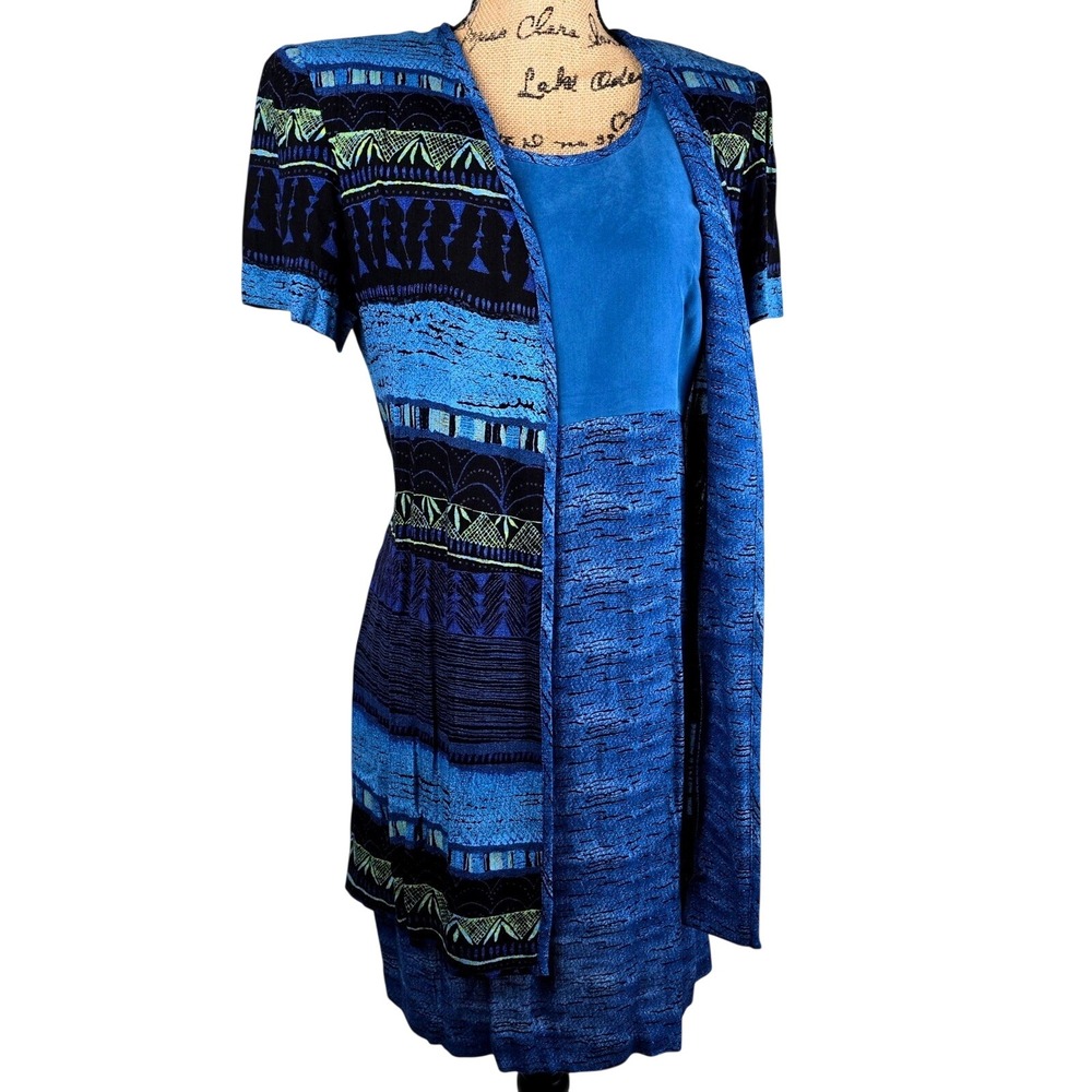 Vintage Virgo Petite‎ Size 8 Blue Abstract Print Knit Career, Office Dress